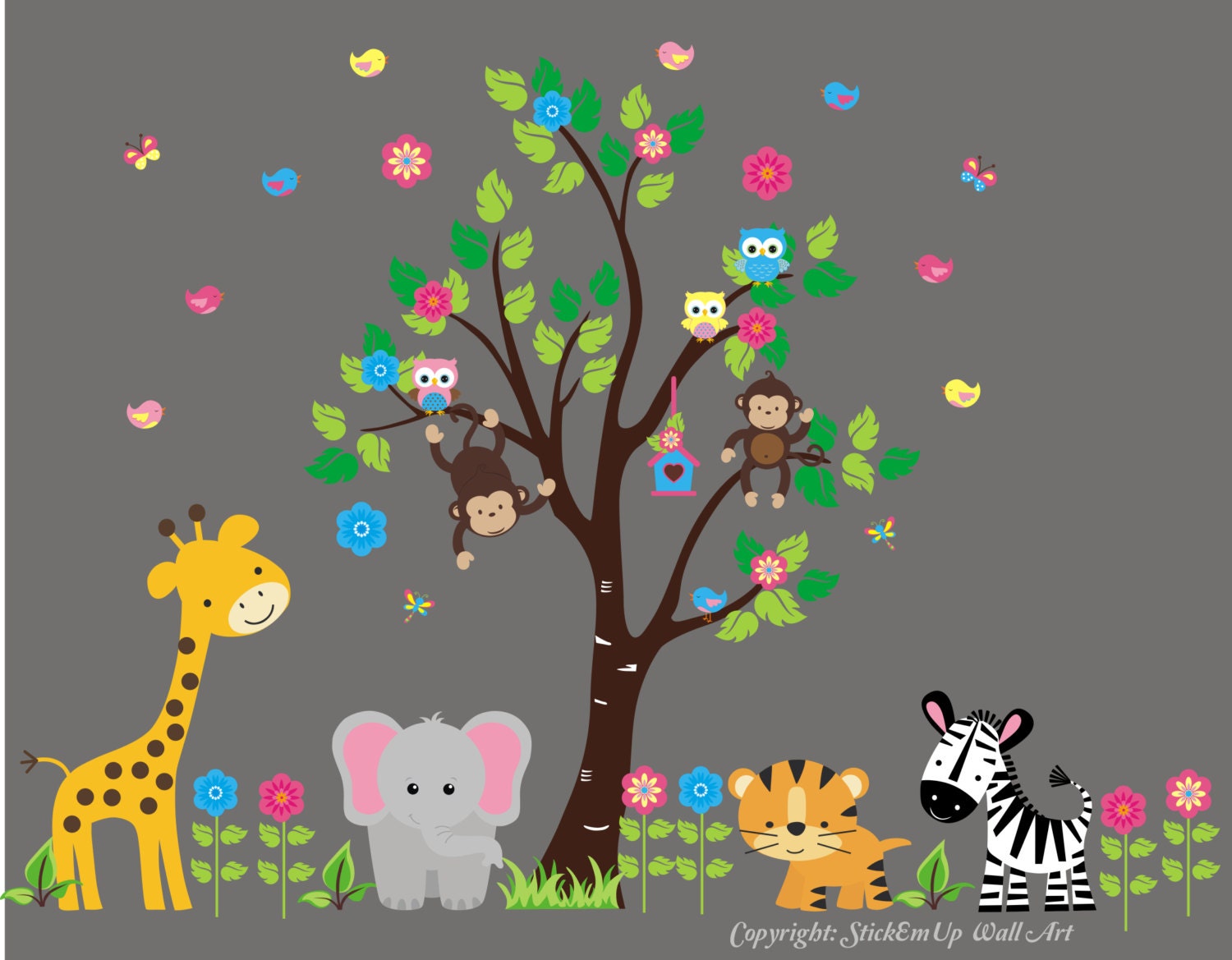 Nursery Wall Decal - Baby Wall Decal with Jungle Animals - Giraffe, Elephant, Tiger, Zebra, Monkeys - Children Wall Decals  - 479