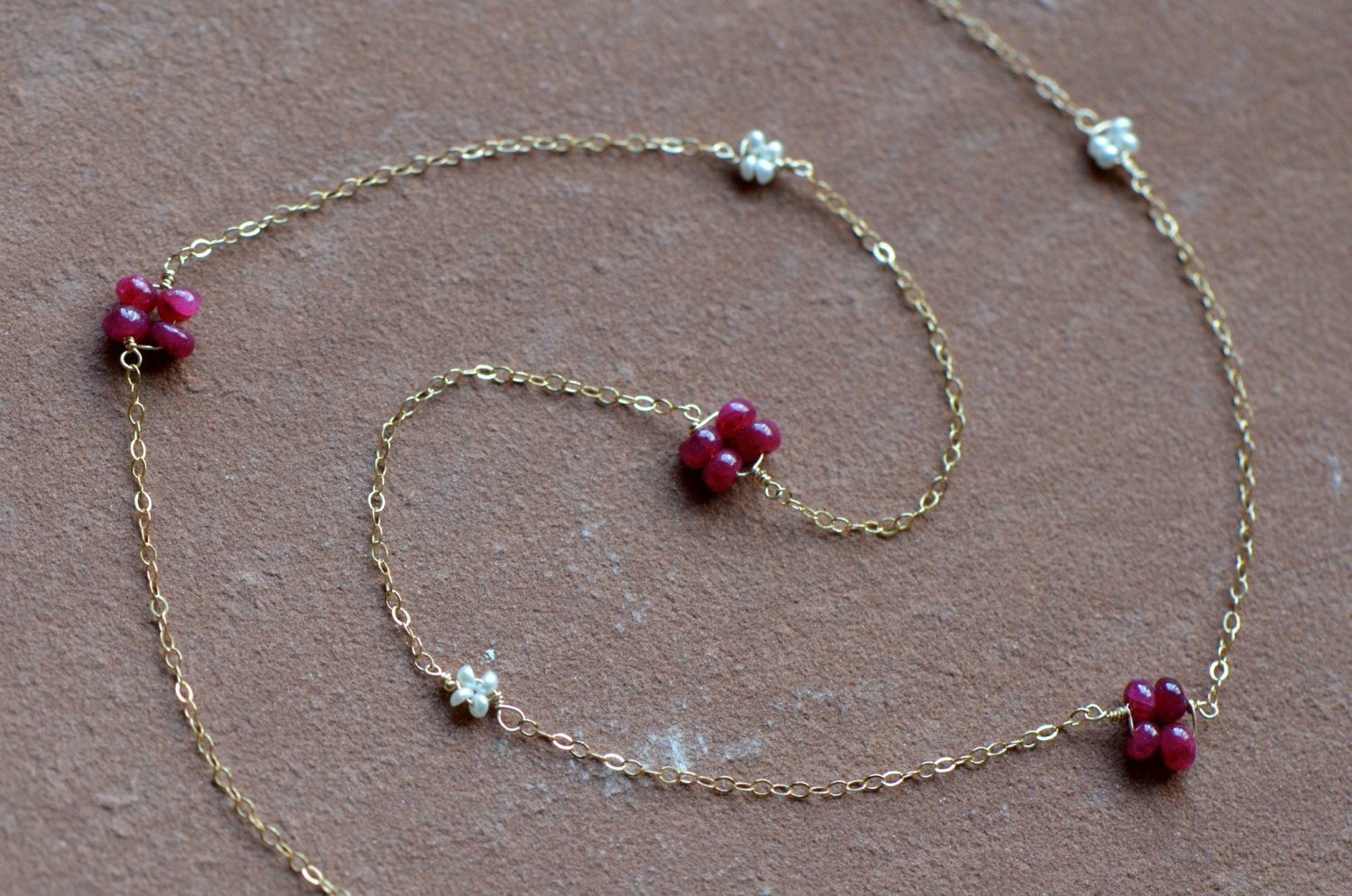 Ruby and Pearl Posy Necklace, Natural Ruby, Freshwater Pearls, 14k Gold Filled