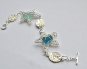 Turquoise and Aqua Genuine Sea Glass In Starfish Hand Knitted Fine Silver Wire Bracelet with Fine Silver PMC