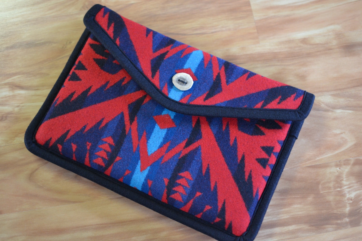 MacBook AIR Laptop Cover case sleeve 11" or 13"  - Native American Wool - Navy Blue and Red - antler button or Velcro closure