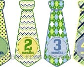 Monthly Onesie Stickers Baby Boy Necktie Neck Tie Green Blue Yellow Chevron Argyle Dots Plaid UNCUT 1-12 Months Plus Just Born - Gift