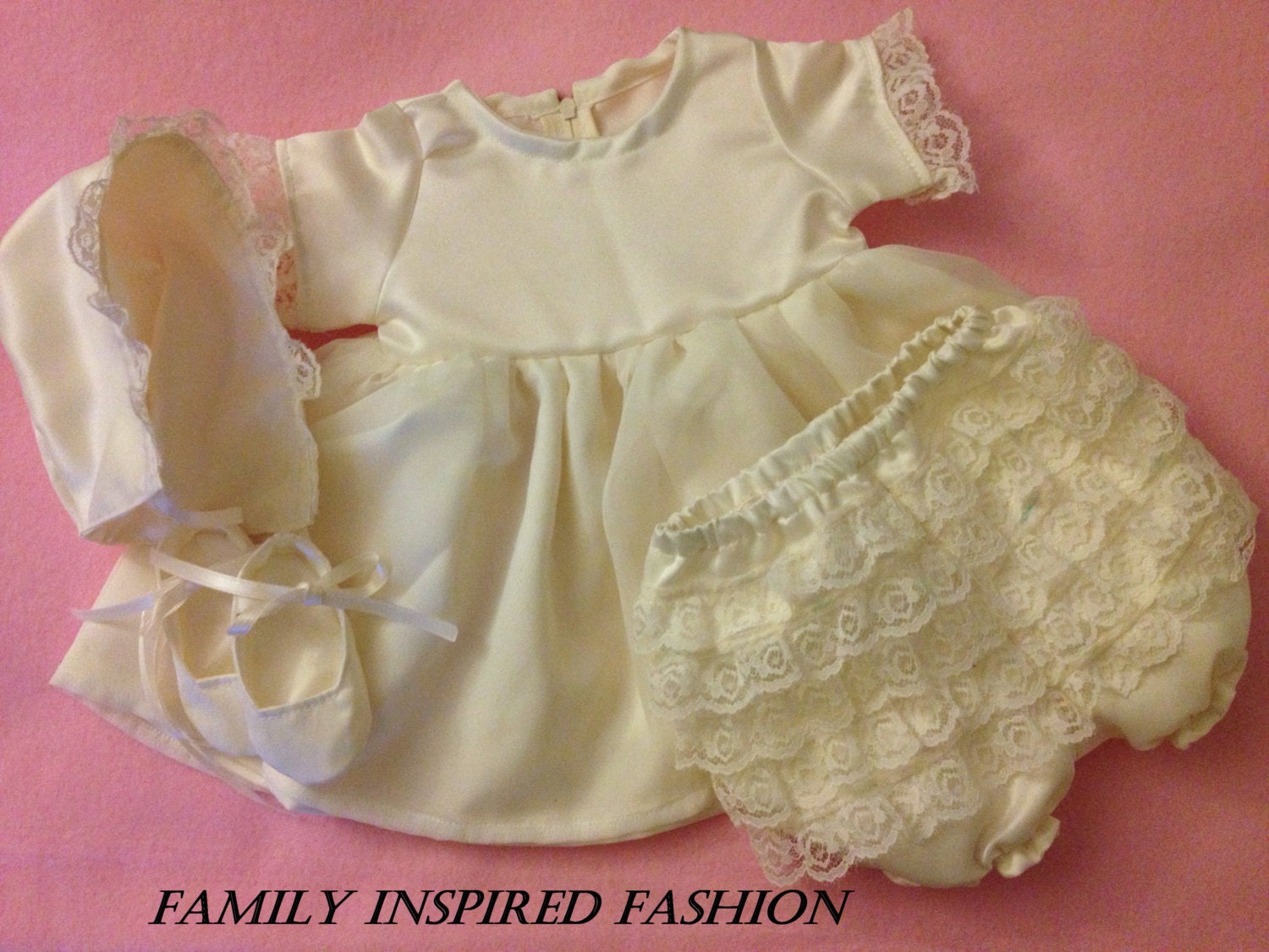 New Baby Girl Ivory 4 pc outfit, Baptism, Christening gown, Flower Girl