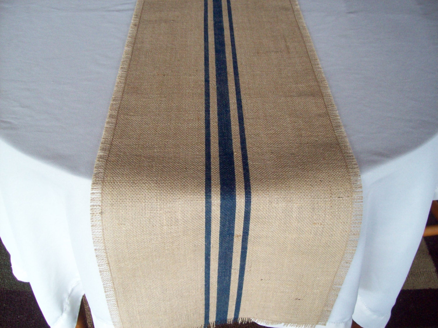 Burlap Table Runner 12 x 72 with Hand Painted Grain Sack Style Navy Blue Stripes or Choose Your Colors