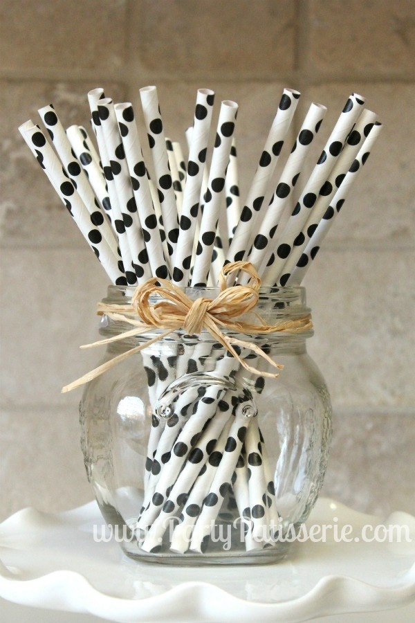 25 Black and White Polka Dot Paper Party Straws