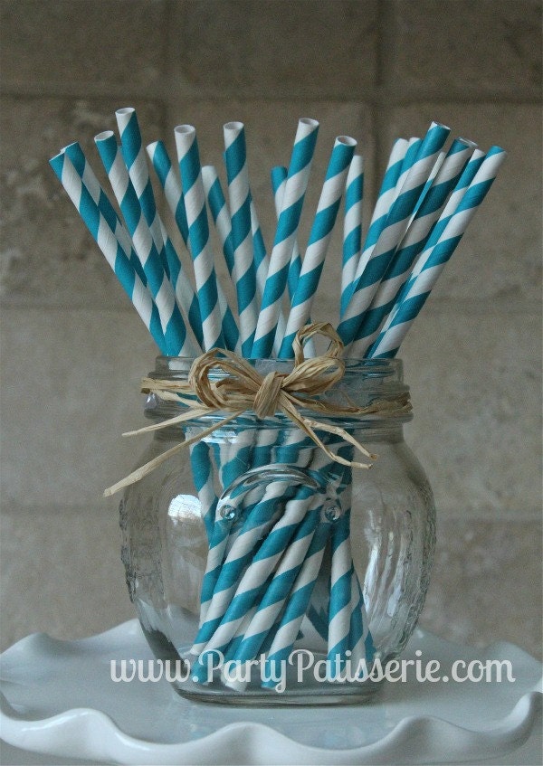 25 Turquoise and White Striped Paper Party Straws