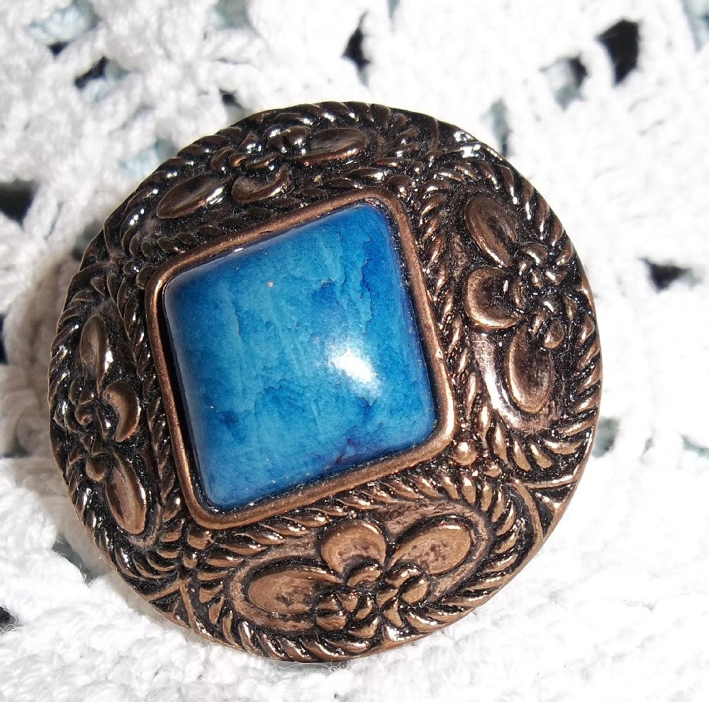 RING Extra Large Antique Bronze Button Adjustable BLUE Cabochon