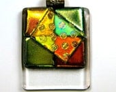 Art Glass Pendant Dichroic Necklace Gold Green Orange Dice