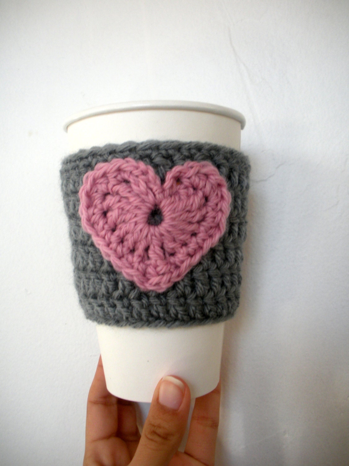 SALE Coffee Cup Sleeve Valentines Day Crochet Cup Sleeve in Grey and Pink