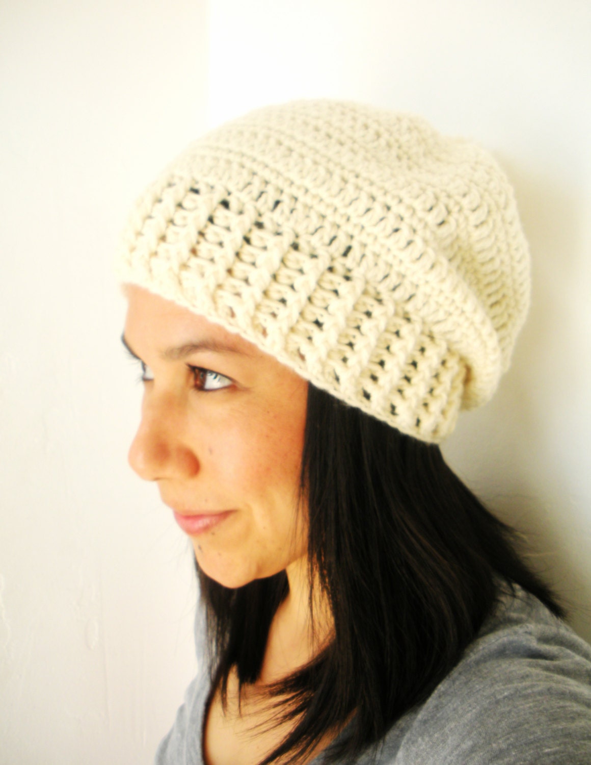 Crochet Slouchy Beanie in Cream White Crochet Pom Beanie Winter Spring Fashion