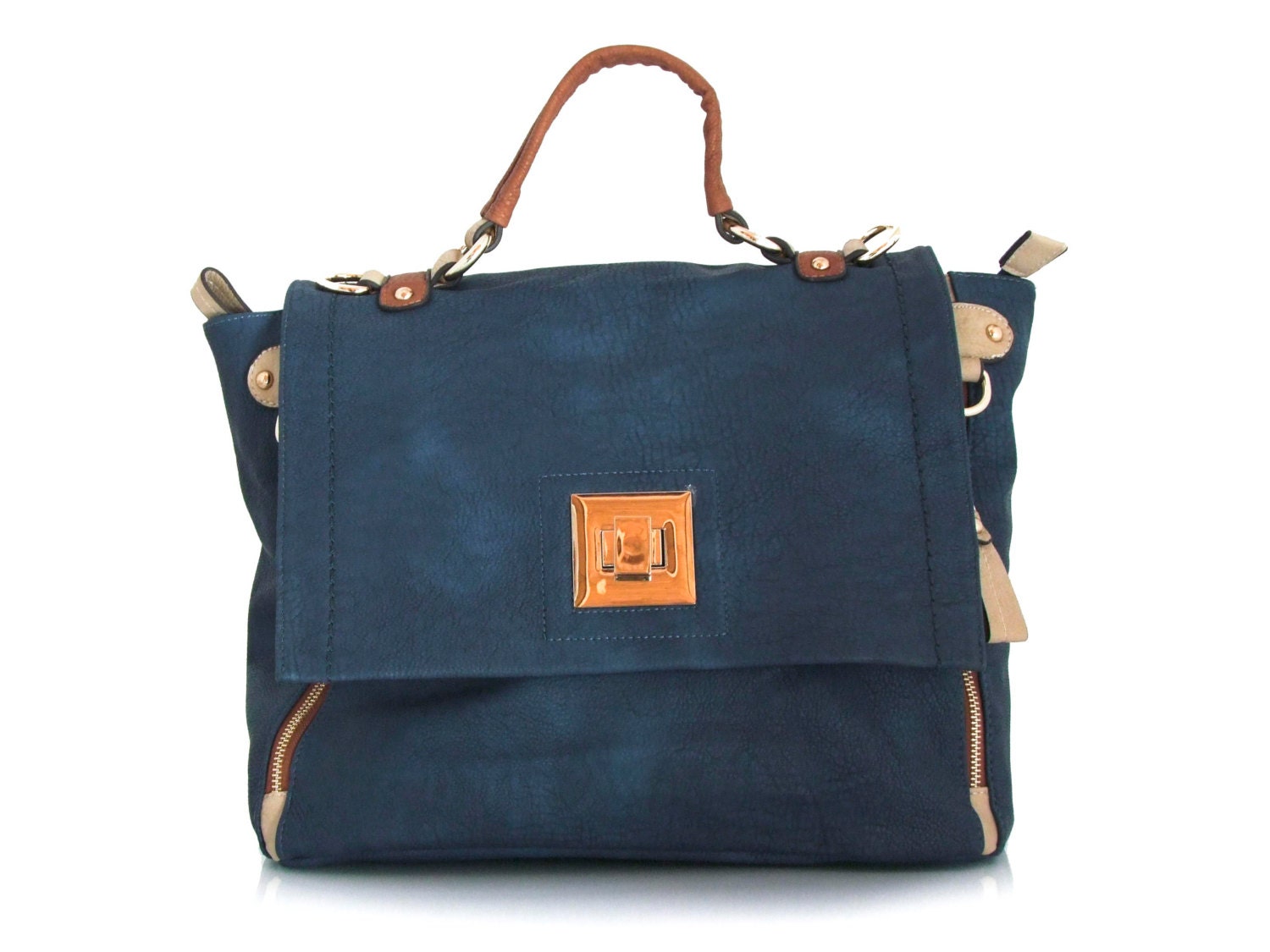 Handmade vegan leather bag Purse Briefcase in Blue -  the Finian - 20% launch discount