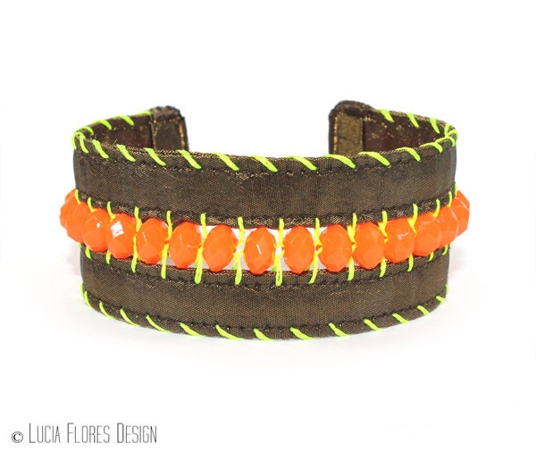 Beaded neon bracelet Bohemain Hippie embroidered cuff summer festival brights copper neon orange yellow by LuciaFloresDesign
