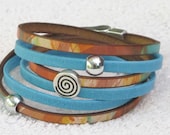Leather Wrap Bracelet in Turquoise and Patterned Leather with Silver Accents and easy one handed Magnet you choose your colors
