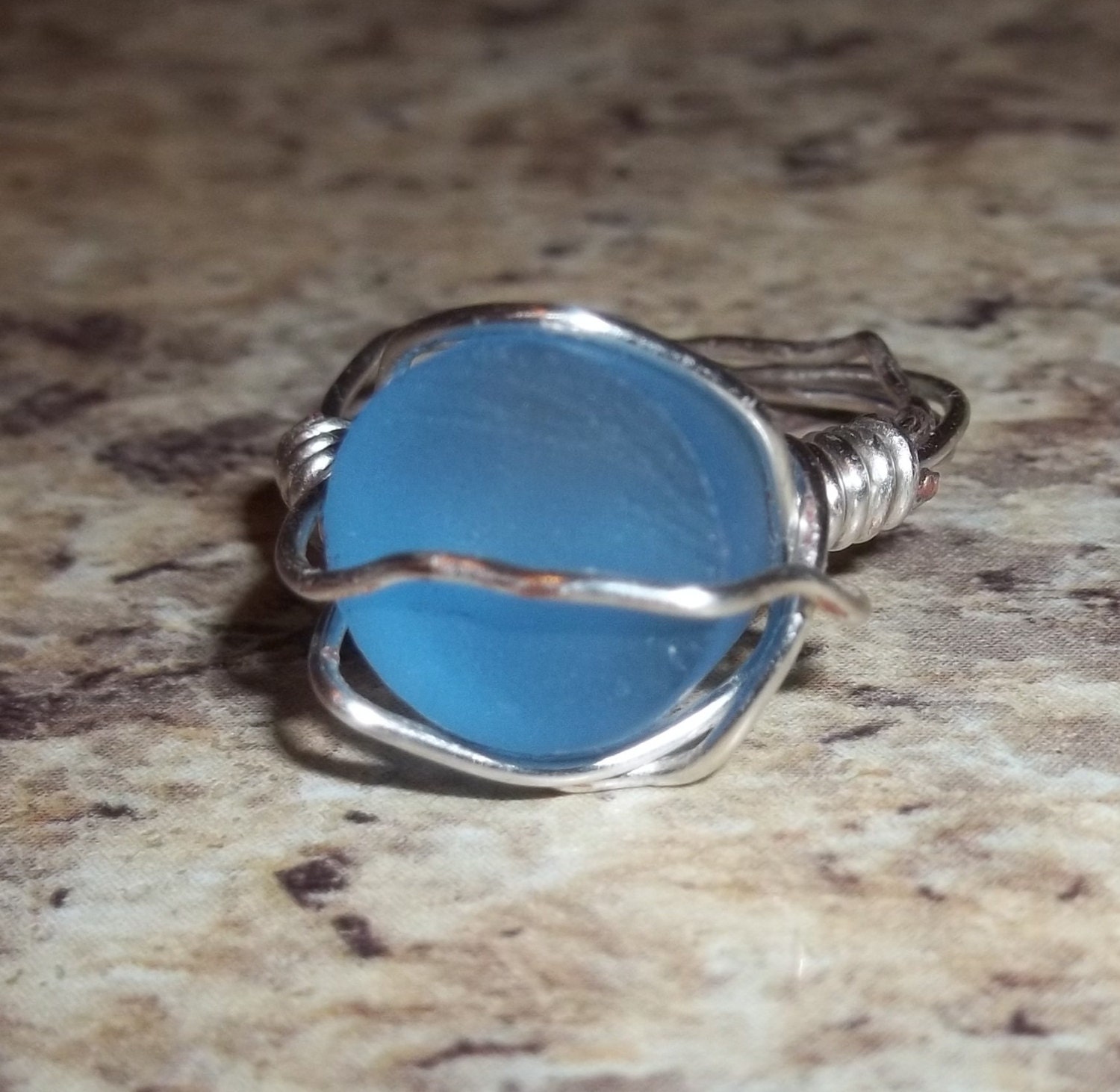 Recycled Frosted Light Blue Bottle Wire Wrapped Ring