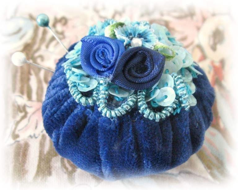 Pincushion Pin Keeper MINI Pinnie 2 inch DARK Blue Velvet Puff  Pincushion Handmade CharlotteStyle Sewing Needlecraft