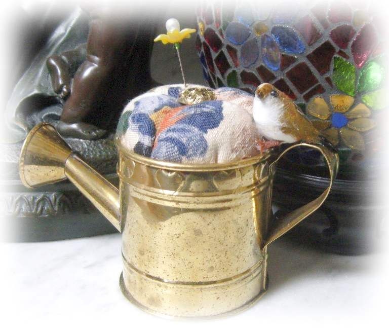 Handmade Pincushion, Garden Brass WATERING CAN with Bird, CharlotteStyle Sewing Needlecraft