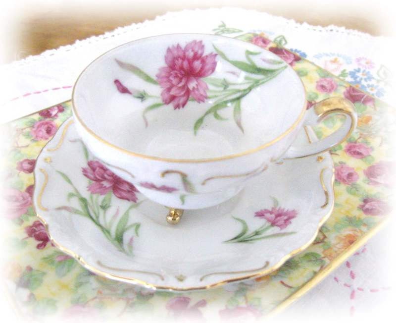 Vintage Cherry China Demitasse Teacup and Saucer, CARNATION,Tri-Footed cup, Made in Japan