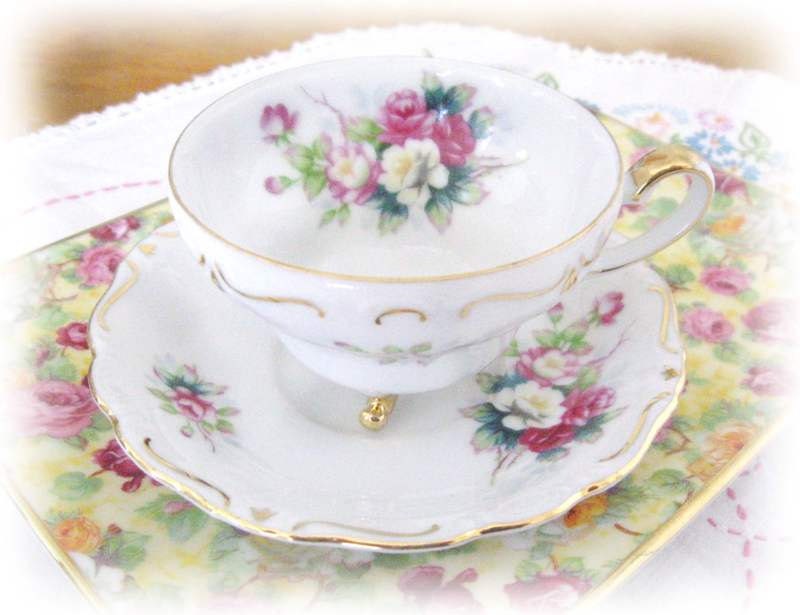 Vintage Cherry China Demitasse Teacup and Saucer, ROSE SPRAY, Tri-Footed cup, Made in Japan