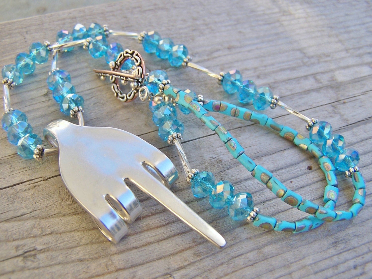 Beaded Finger Necklace Repurposed Fork Blue Crystals