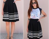vintage 70s ethnic mini skirt  /  1970s mexican embroidered black and white high waisted cotton gauze skirt  /  medium m