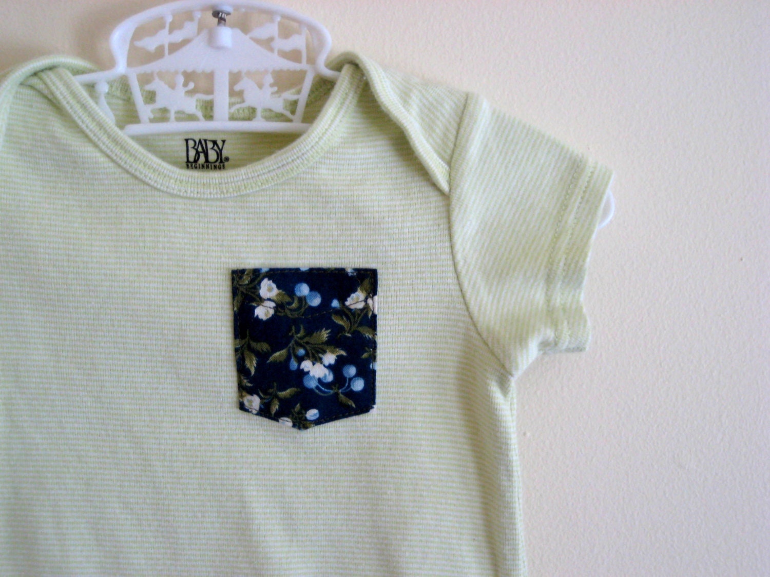 Teeny-Tiny Pocket Tee, sage and white stripes, 6-9 month, baby girl onesie (upcycled)