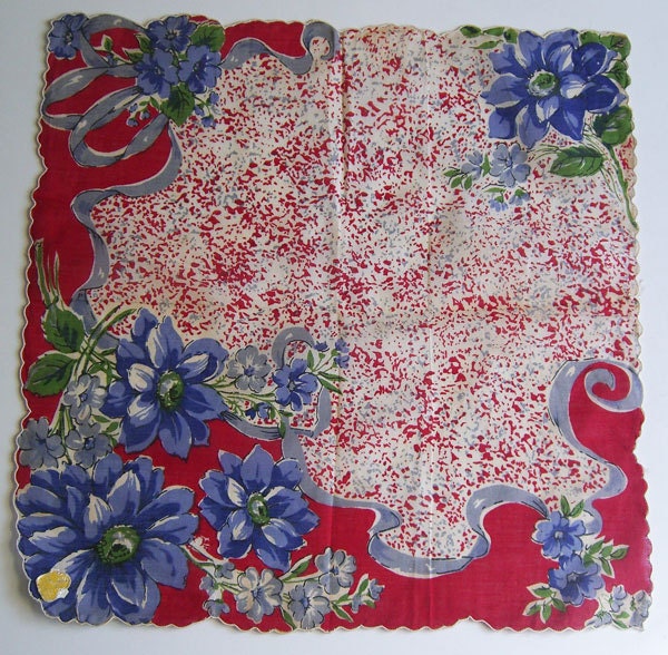 Vintage Red Blue Gray White Floral Flower Hankie