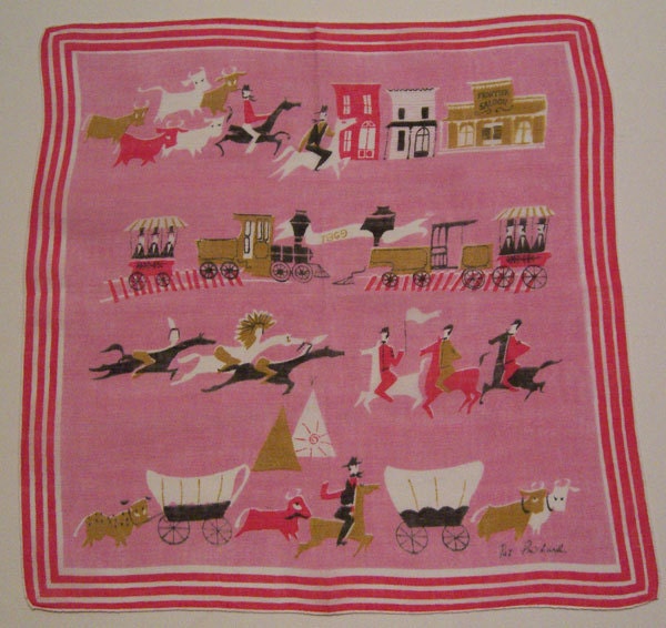 Vintage Designer Pat Prichard Covered Wagons Indians Cows Hankie