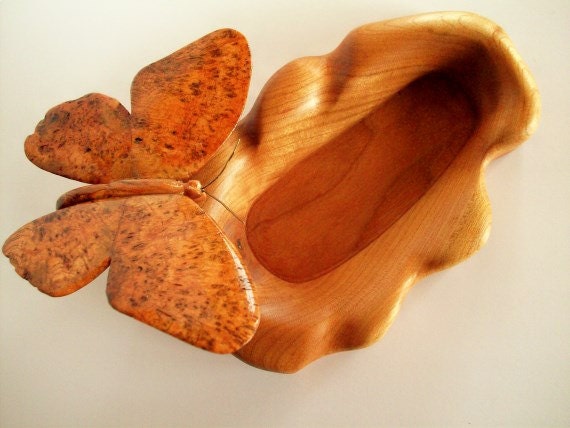 Cherry Burl Hand Carved Butterfly Mounted on Cherry Hand Carved Bowl