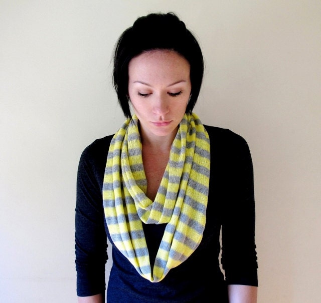 Sweater Knit Scarf - Infinity Circle Scarf - Yellow Light Gray Stripes - Lightweight Knit Loop Scarf