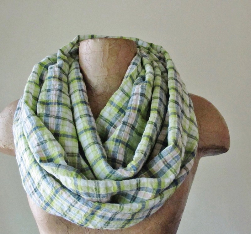 Chartreuse Plaid Infinity Scarf - Lime Green Cotton Loop Scarf - Checkered Yellow Green Plaid Circle Scarf
