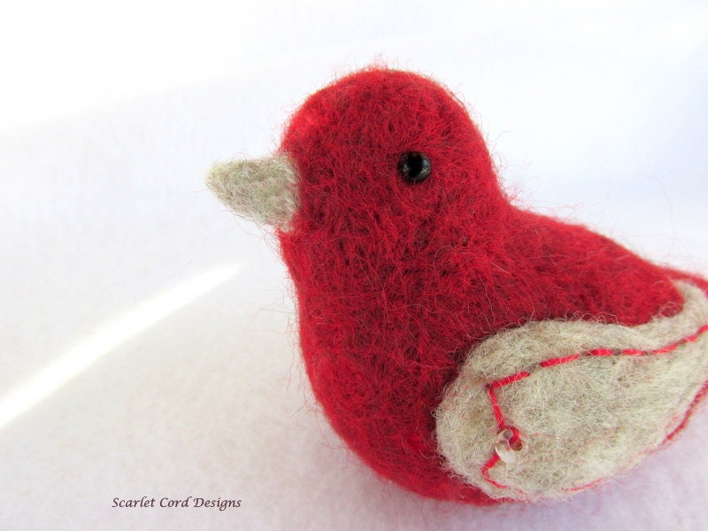 Felted Wool Bird Sculpture - Red and Gray Fiber Art Plush Bird