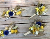 Sunny Blues Collection - Pin Corsage - Mothers of the Bride & Groom - Dried wedding flowers - Blue golden yellow craspedia blue thistle