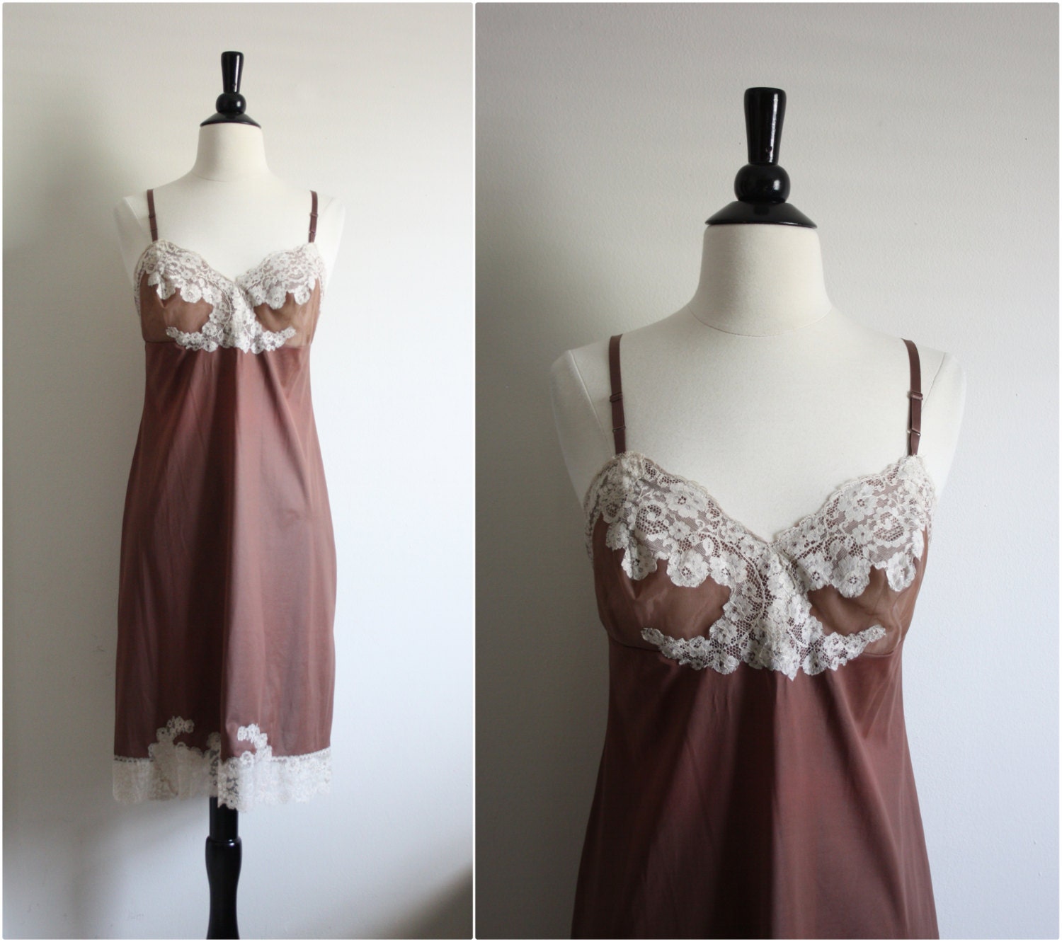 Vintage 50's Van Raalte Nightgown. Brown and Ivory Slip Dress. Size S/M