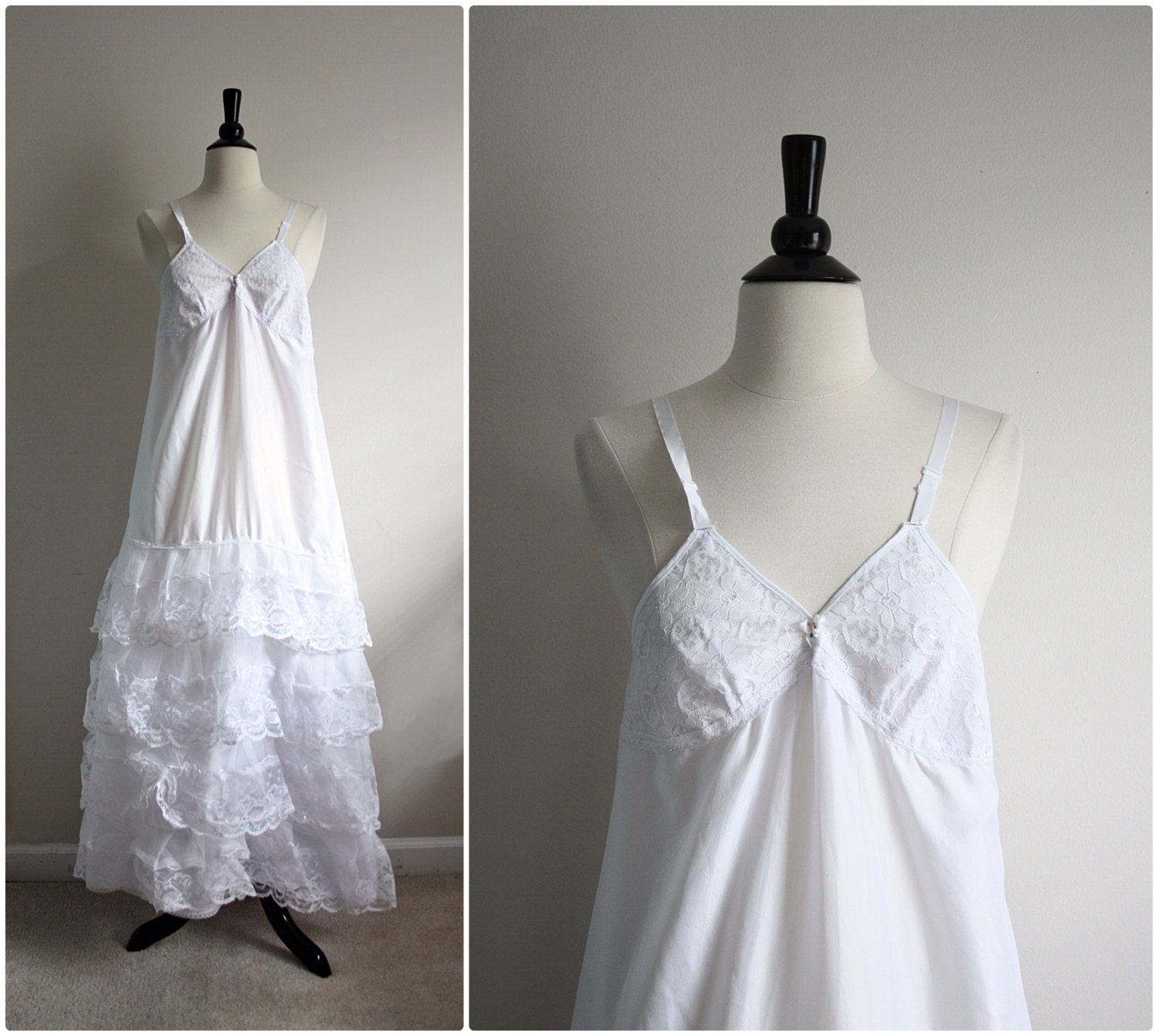 Vintage 70's Nightgown White Lace Slip Dress. Full Slip. Wedding Slip. Lace lingerie. Size S/M