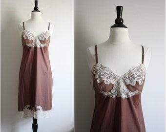 Vintage 50's Van Raalte Nightgown. Brown and Ivory Slip Dress. Size S/M