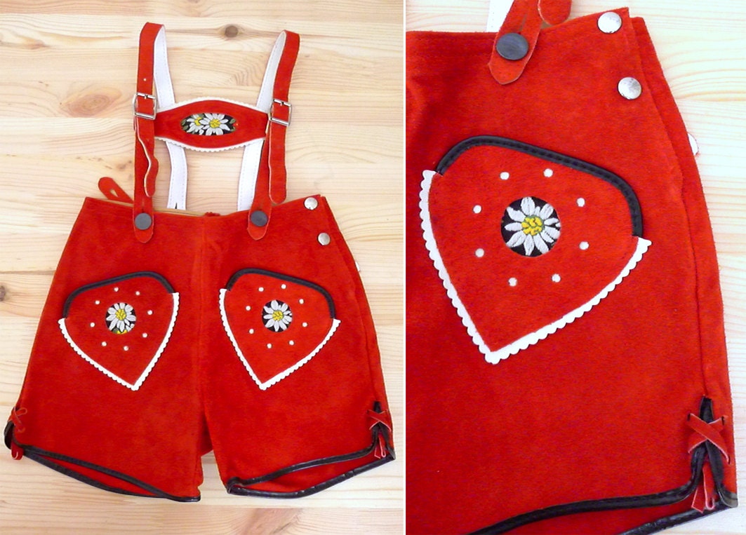 Oktoberfest dirndl German red Toddler floral embroidered Lederhosen knickers Shorts with Suspenders 4yrs