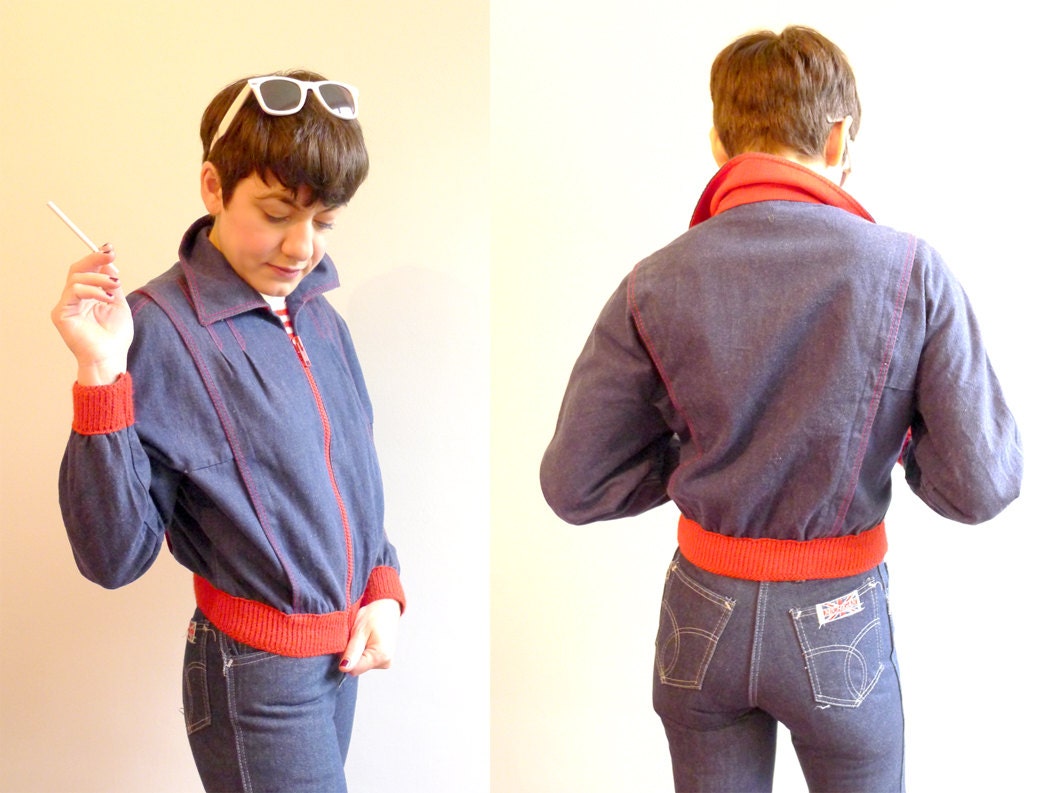 70s dark Blue Denim red wool zippered crop bomber jacket S