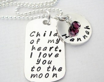 Personalized Mommy Necklace - Child of my heart, I love you to the moon - Sterling Silver Dog Tag - Name Jewelry