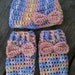 Newborn Baby Girl Purple Peach Blue Pink White Crochet Beanie  Hat n Leg Warmers Bow Set -- Cute Photo Prop