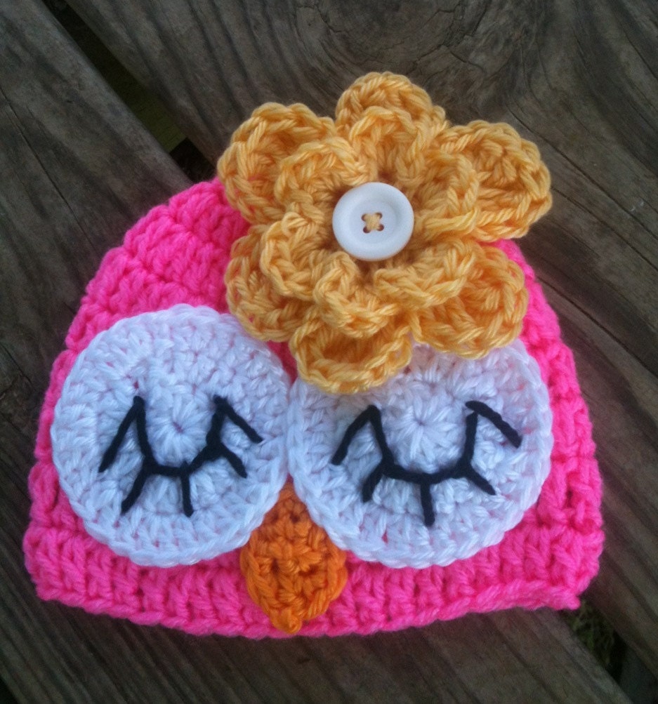 Baby Toddler Girl Bubble Gum PINK Crochet Sleepy OWL Beanie Hat w/Daisy -- You Pick Size: Newborn to 10yrs