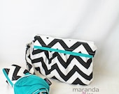 Clutch - Chevron Zippered Wristlet  and Changing Pad Set in Black Chevron and Teal Clutch WITH detachable strap - Zippered Wallet Diaper