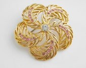 Vintage Pink Rhinestone Flower Brooch 50s