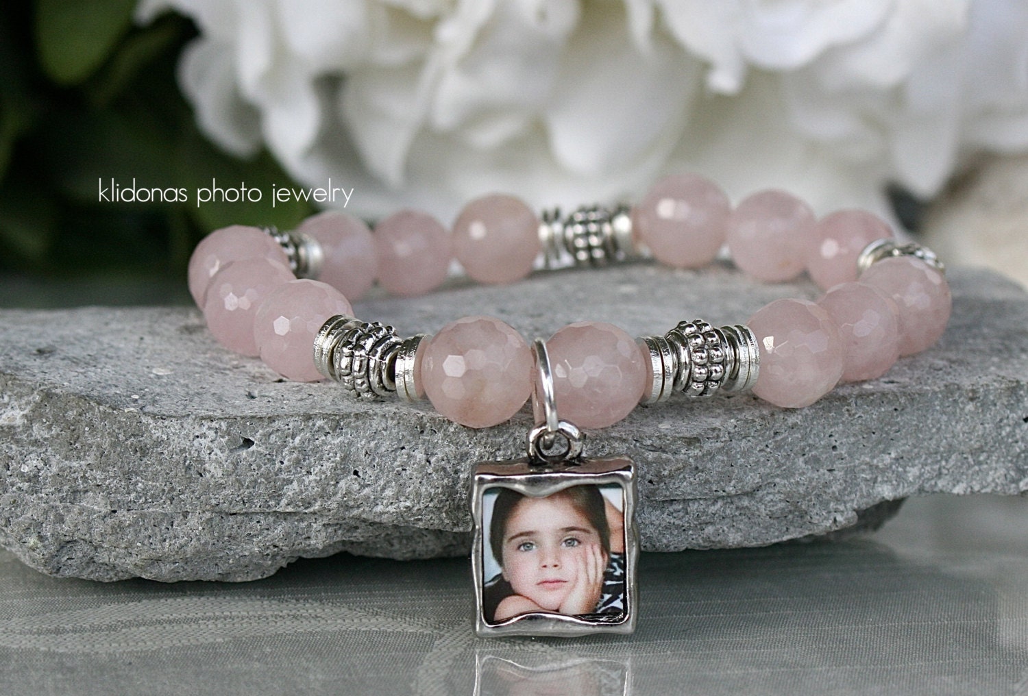 Photo Charm Bracelet, Photo Bracelet, Beaded Bracelet, Gemstone Bracelet, Rose Quartz Beads, Love Stone Beaded Bracelet, Valentines Gift