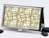 Business Card Case, Retro Mid Century style in Geometric Brown and Green, Handmade Credit Card Case Hip Men or Women's Accessory