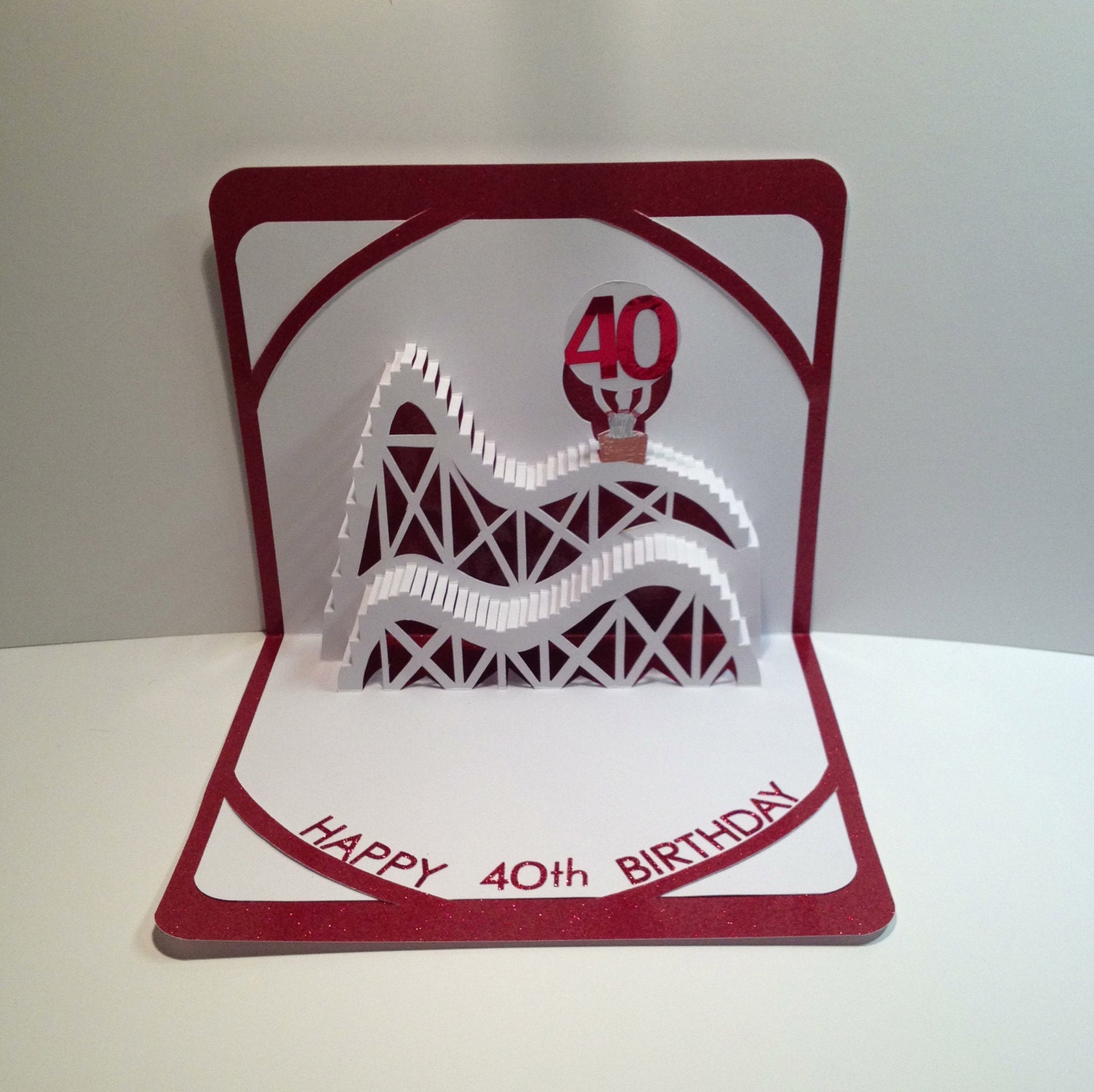 40th BIRTHDAY 3D Pop Up Roller Coaster Card CUSTOM ORDER Handmade in White and Bright Metallic Shimmery Red