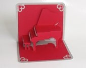 Grand Piano 3D Pop Up CARD Origamic Architecture Home Decoration Handmade Handcut in Red and Bright Shimmery Metallic Silver
