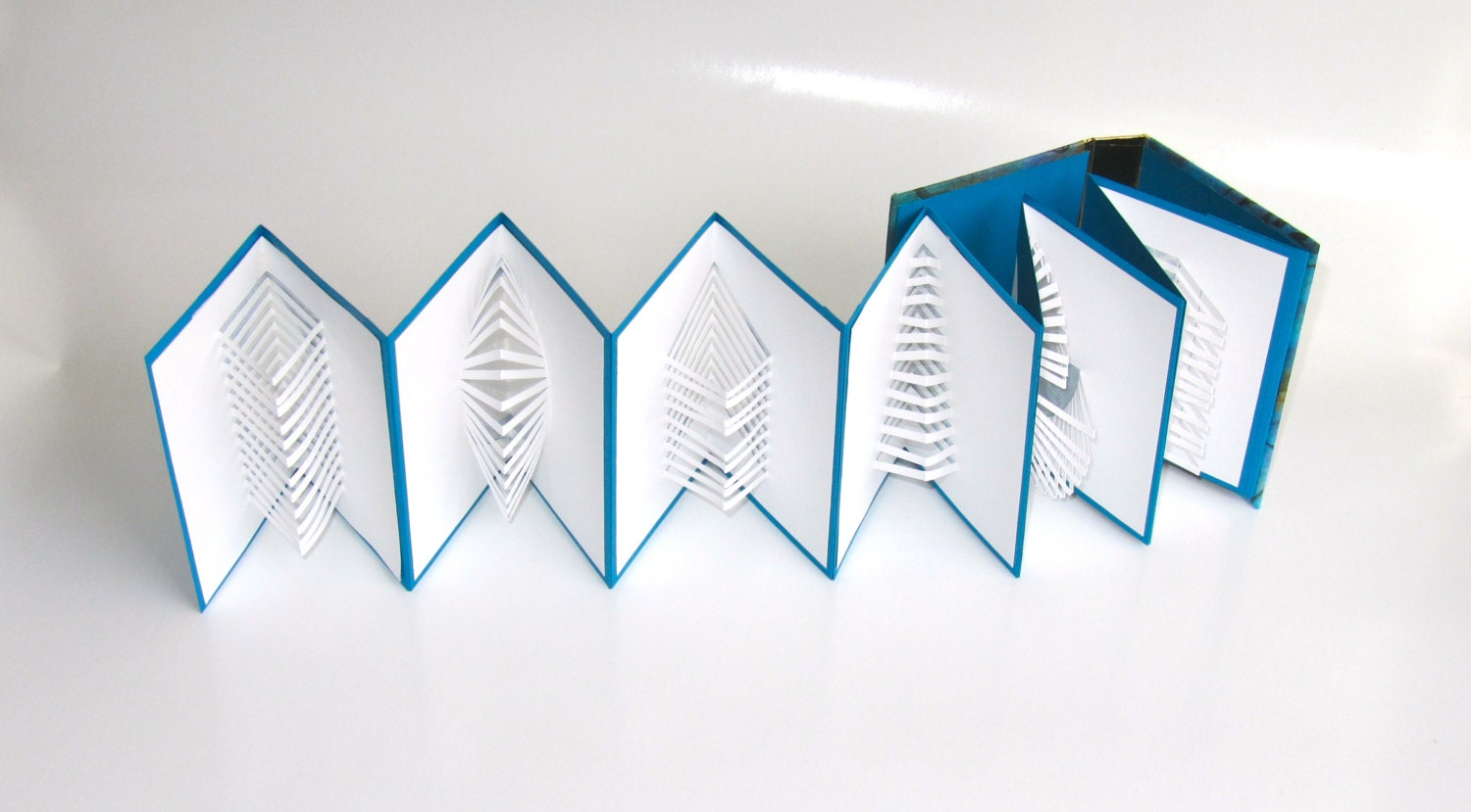 POP UP ACCORDION BOOk w/Hard Cover Binding Original Hand Cut Six Origamic Architecture Sculptures Home Decor In White, Blue and Gold OOaK - BoldFolds