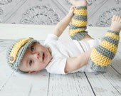 Crochet Legwarmers and Newsboy Hat Set, Yellow ad Grey, Baby Boy, Child, Toddler, Photo Prop
