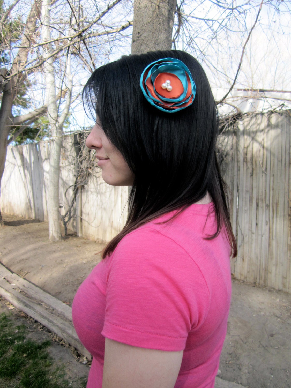 Aqua & Orange Satin Flower Hair Clip with Pearls