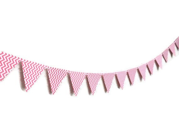 Pink Chevron Banner, ZigZag Paper Bunting, Reversible Polka Dots, Nursery Wall Decoration, Girls Chevron Pattern