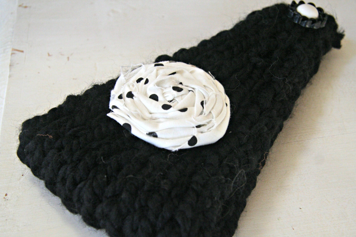 Black Beauty -  Chunky Hand Knit Headband/Ear Warmer with Fabric Rosette